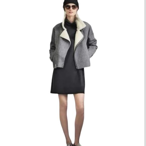 J.O.A shearling lined raw edge moto biker jacket neutral casual Sherpa chic - Picture 1 of 13